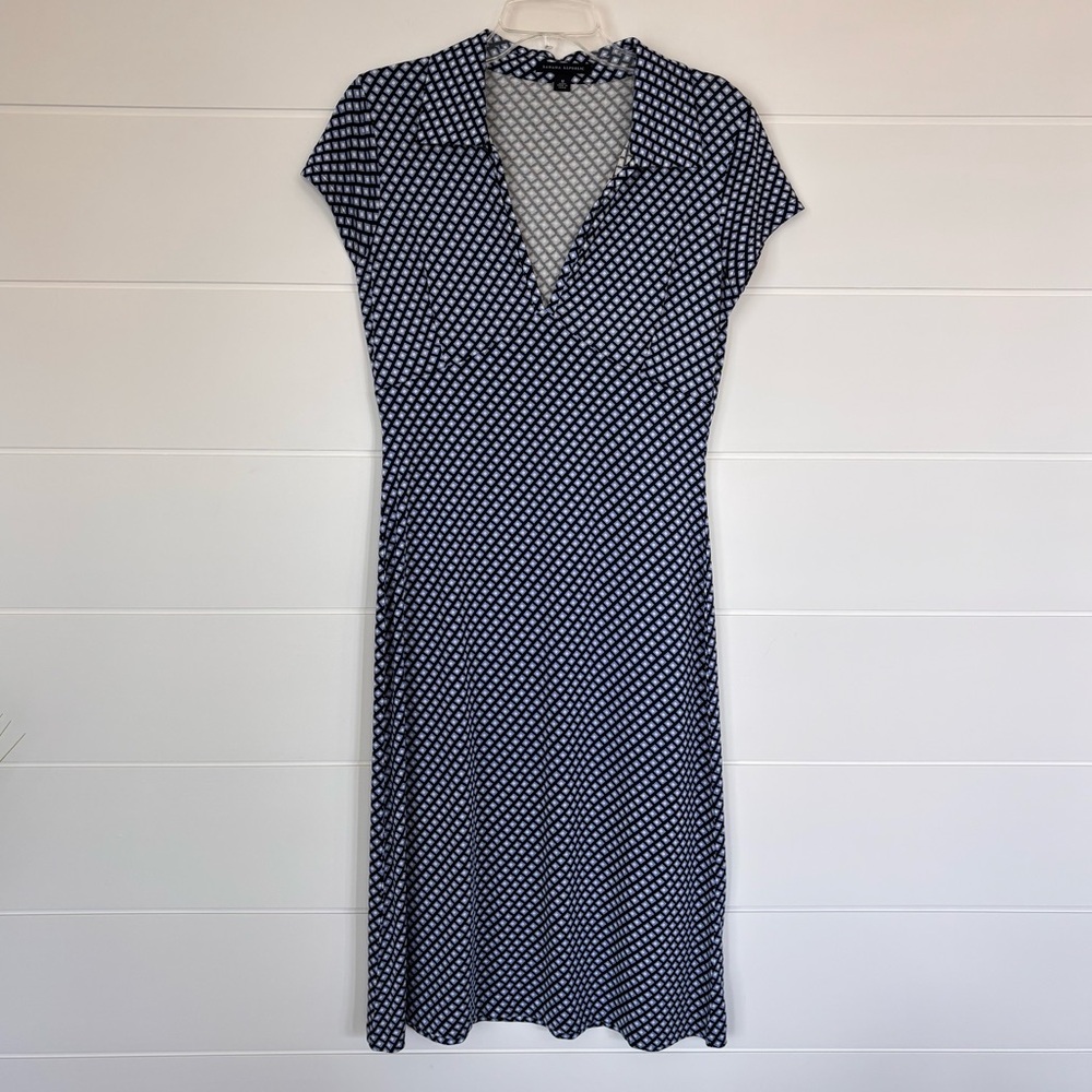 Banana Republic Navy and White Dot Collared Retro Midi Silk Dress Women's Medium